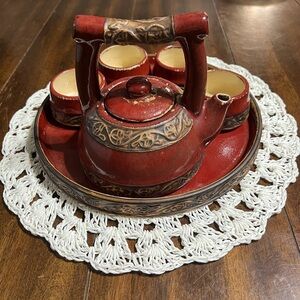 Pier 1 Imports Shanghai Teapot Serving Set w/Tray and 4 Cups Red Earthenware